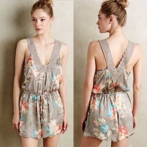Elodie Anthropologie Satin Floral Sleep Romper Pajamas Size Medium